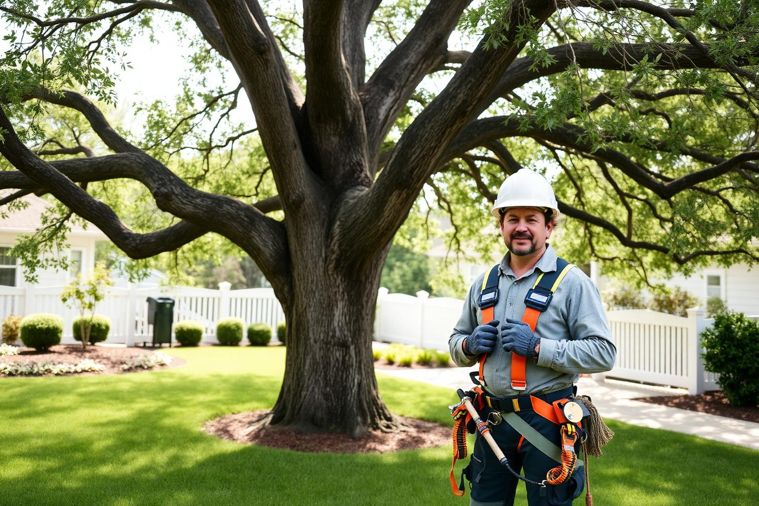Professional arborist standing next to a large oak tree in a suburban yard